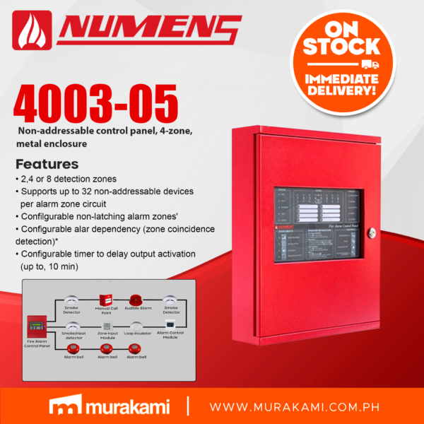 Numens 4003-05 Non-addressable control panel, 4-zone, metal enclosure