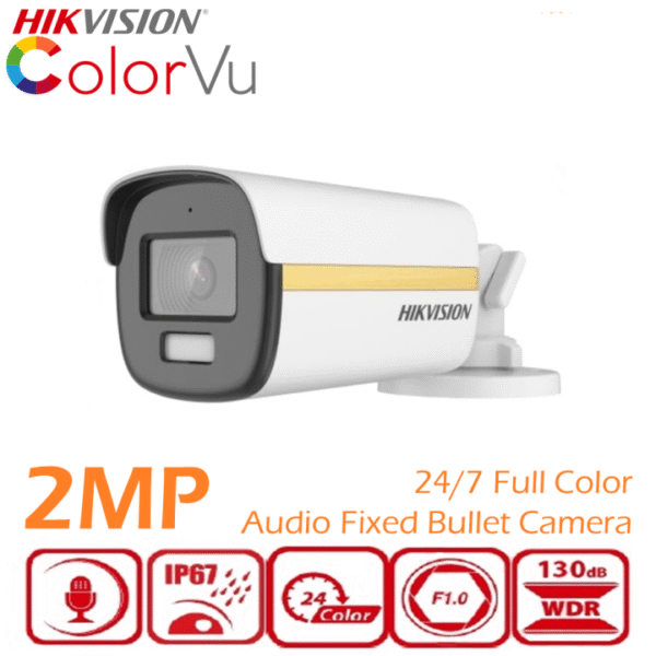 Hikvision	DS-2CE12DF3T-FS (3.6mm) 2 MP ColorVu Audio Fixed Bullet Camera