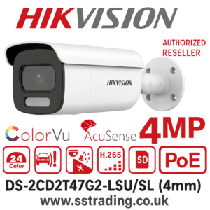 Hikvision	DS-2CD2T47G2-LSU/SL (4mm) (C)	4 MP ColorVu Strobe Light and Audible Warning Fixed Bullet Network Camera