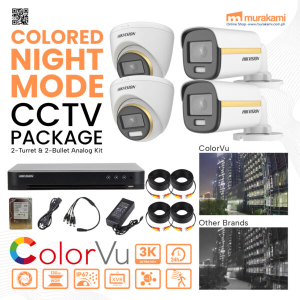 Colored Night Mode CCTV Package 2- Turret & 2- Bullet Analog Kit