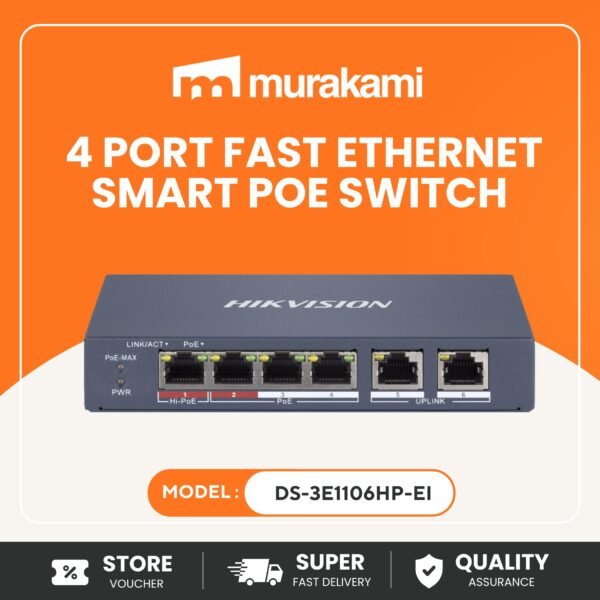 Hikvision (DS-3E1106HP-EI) 4-Port PoE Switch with 60W PoE Budget 300m for Best Long Range Metal Body Gigabit Network Switch