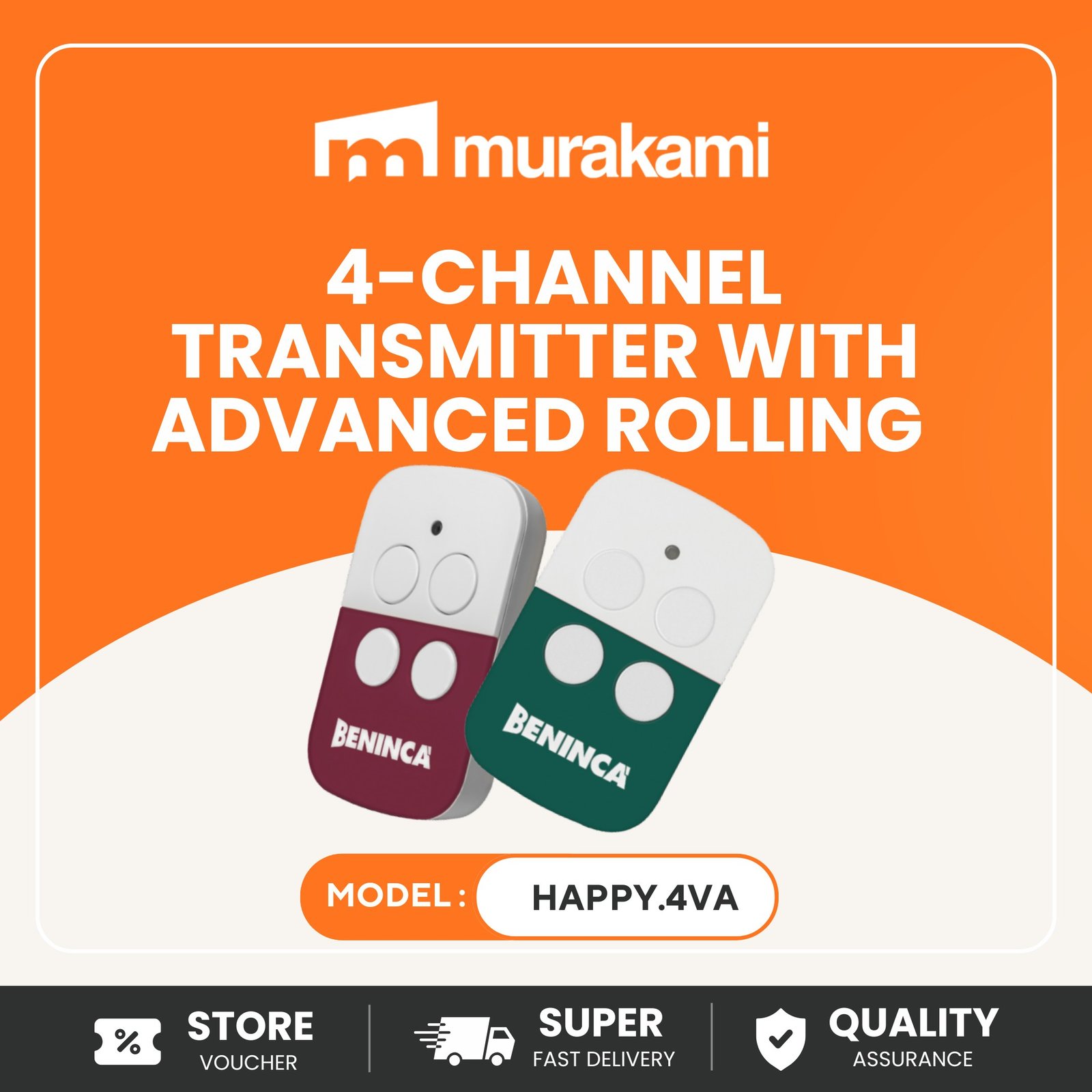 Beninca Gate Accessories (HAPPY.4VA) For Exclusive 4-channel transmitter with Advanced Rolling Code and Rolling Code.