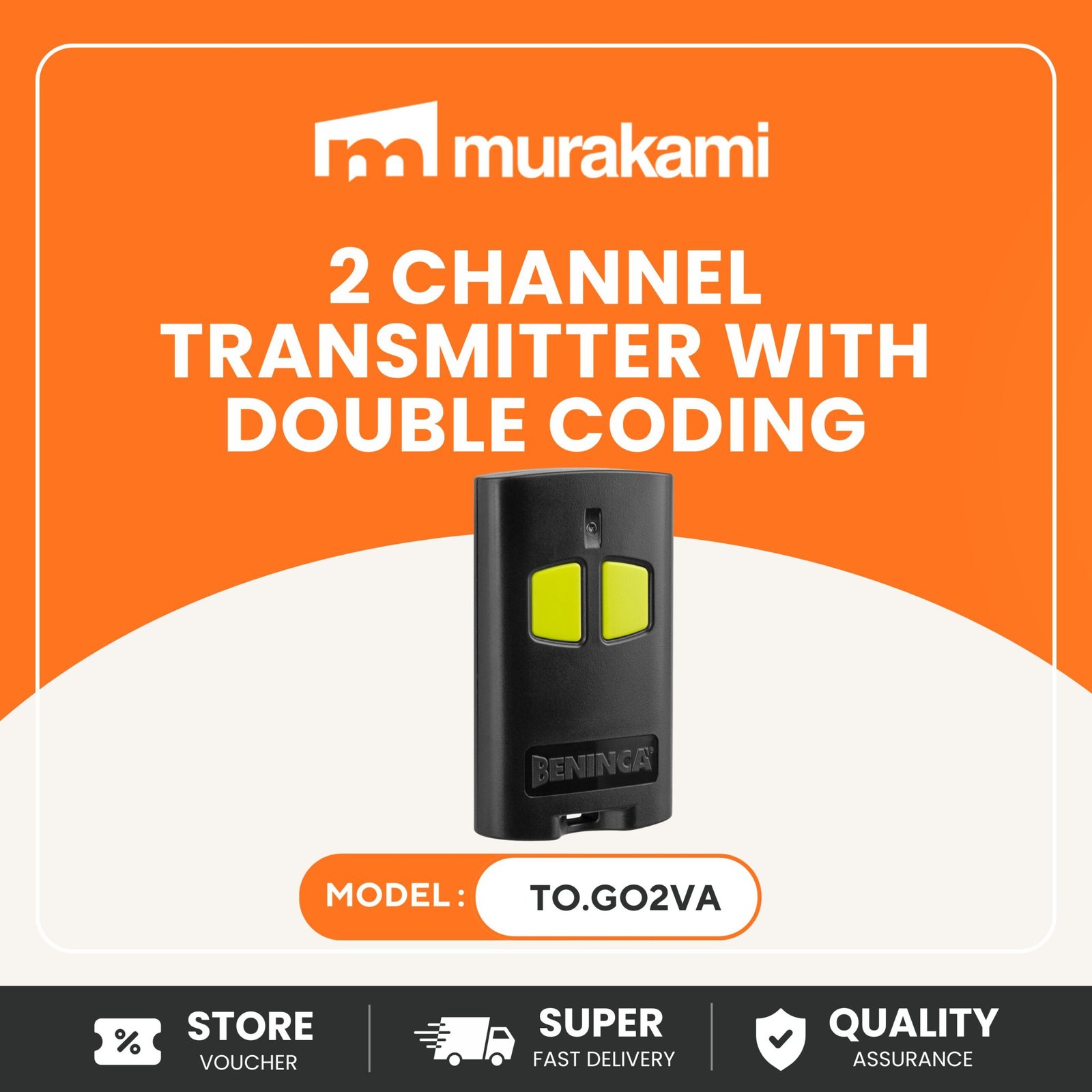 Beninca Auto Gate Accessories (TO.GO2VA) For Impactful And Reliable 2-channel transmitter with Advanced Rolling Code and Rolling Code.