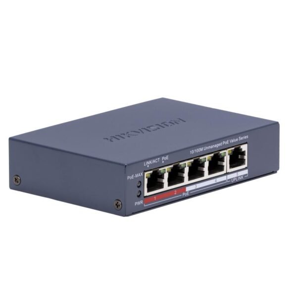 Hikvision (DS-3E0105P-E/M(C)) – Best 4 Port Fast Ethernet Unmanaged PoE Switch for Reliable Network & Power Connectivity