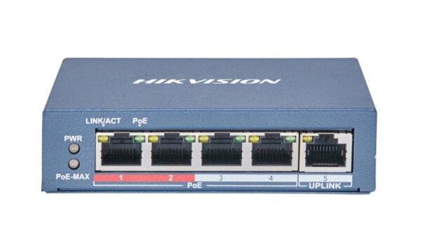 Hikvision (DS-3E0105P-E(B)) – Best 4 Port PoE Switch for IP Camera Systems with Fast Ethernet Network & Reliable Power Transmission
