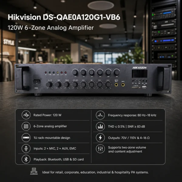 Hikvision (DS-QAE0A120G1-VB6) – Best 120W 6-Zone Analog Amplifier with Multi-Zone Audio Control & Professional PA System Performance