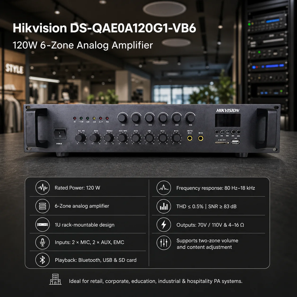 Hikvision (DS-QAE0A120G1-VB6) – Best 120W 6-Zone Analog Amplifier with Multi-Zone Audio Control & Professional PA System Performance