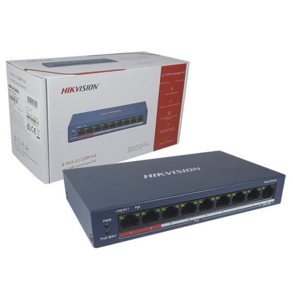 Hikvision (DS-3E0109P-E/M (B)) – Best 8 Port Fast Ethernet Unmanaged PoE Switch with Reliable Power over Ethernet & Network Connectivity Solution